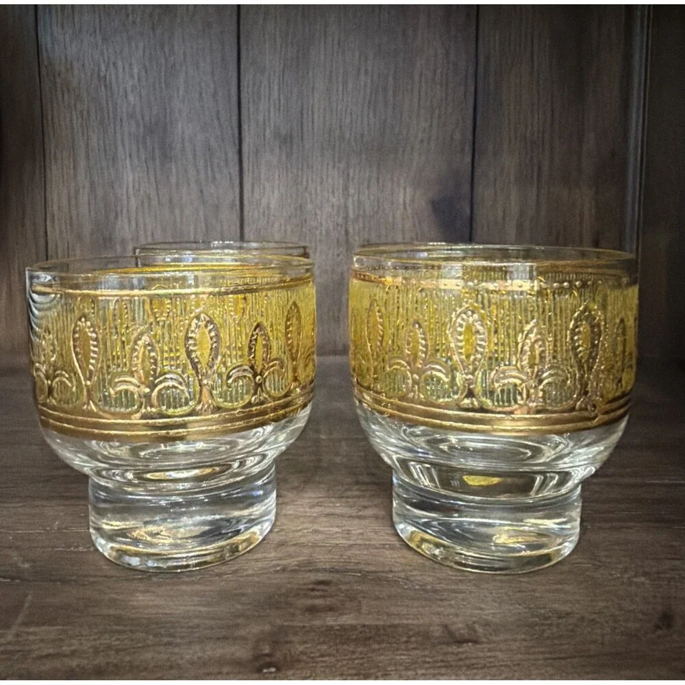 MCM Culver Fleur De Lis Lowball Glasses Set of 4 22KG Gold Citrine Yellow 1960s